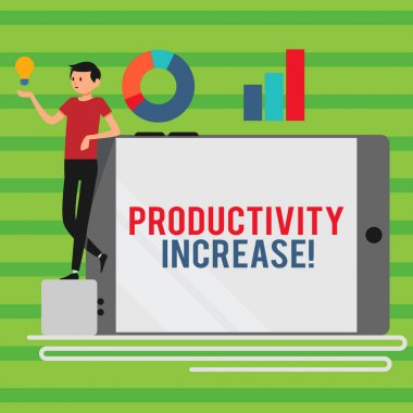 Word yazma metin verimlilik artışı. Işgücü verimliliği büyümesi için iş konsepti işçi adam 'dan daha fazla çıkış boş smartphone üzerinde eğilme grafik ve fikir simgesi ile yan açık.