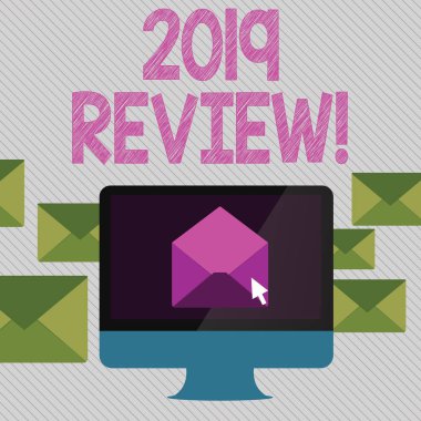 Kavramsal el yazma 2019 Inceleme gösteriliyor. Geçmiş yıl olayları anımsamak iş fotoğraf vitrine ana eylemleri veya iyi gösterir bilgisayar mektubu kasa içinde açık zarf PC çevreleyen.