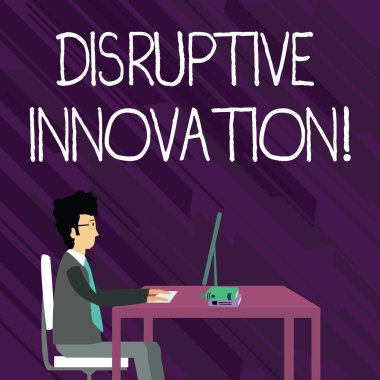 Yıkıcı yenilik gösteren metin işareti. Kavramsal fotoğraf yerleştirme kurulan marketleading firmalar veya ürün Iş adamı düz sandalye üzerinde çalışan bilgisayar ve Kitaplar masa üzerinde çalışma.