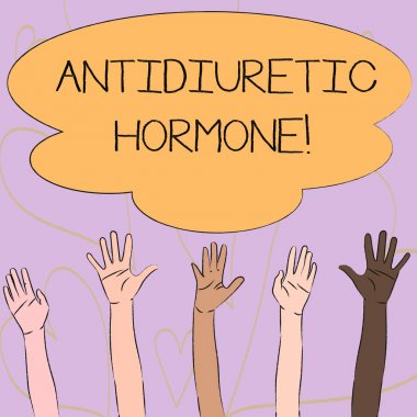 Antidiüretik hormon gösteren notu yazma. Hipofiz bezi tarafından yayımlanan peptit molekül vitrinde iş fotoğrafı Multiracial Hands yükselterek renkli büyük bulut için ulaşan.