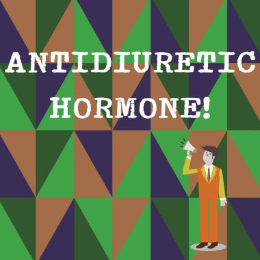 Antidiüretik hormon gösteren kavramsal el yazma. Hipofiz bezi Işadamı arıyor ve ses simgesi ile megafon üzerinde konuşan tarafından serbest iş fotoğraf metin peptid molekül.