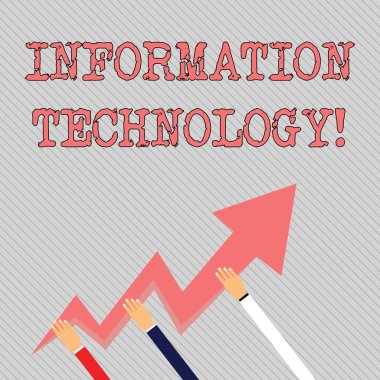 Bilgi teknolojisi gösteren metin işareti. Kavramsal fotoğraf bilim ve bilgisayar sistemlerinin kullanımı aktivite üç eller Holding renkli Zigzag yıldırım ok Işaret ve yukarı gidiyor.
