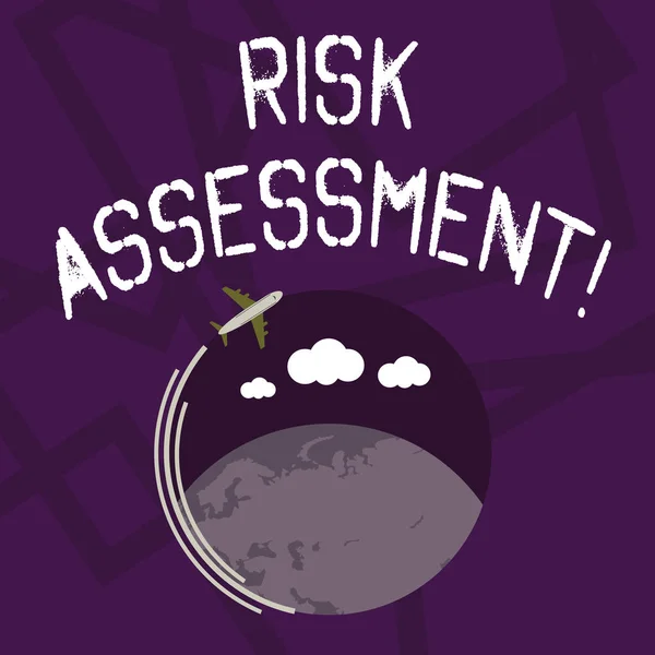 Text sign showing Risk Assessment. Conceptual photo evaluating potential risks involved projected activity Airplane with Moving Icon Flying Around Colorful Globe and Blank Text Space.
