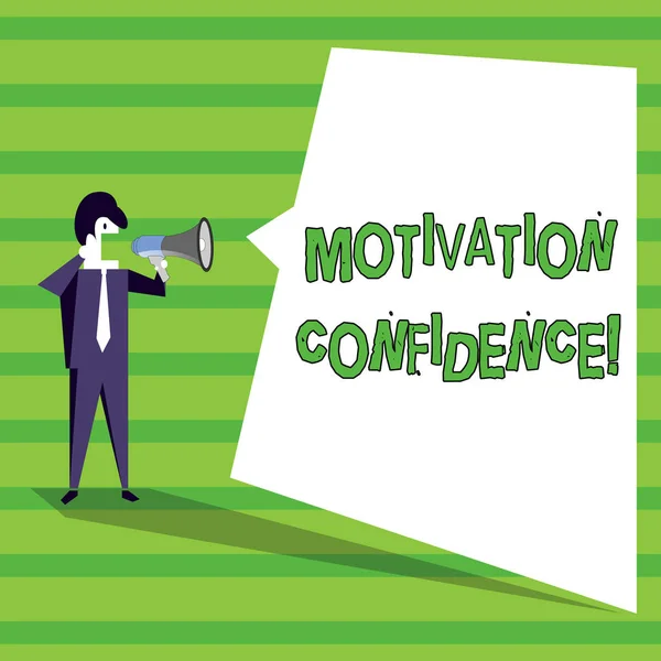 Word writing text Motivation Confidence. Business concept for Level of desire to accomplish a specified outcome Businessman Shouting on Megaphone and Blank White Uneven Shape Speech Bubble. — Stock Photo, Image