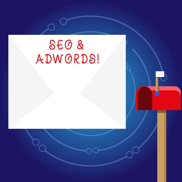 Írásban tudomásul bemutató SEO és az AdWords. Üzleti fotó bemutató ezek fő eszköze összetevői Search Engine Marketing fehér boríték és a piros postaláda kis zászló up jelzés. — Stock Fotó