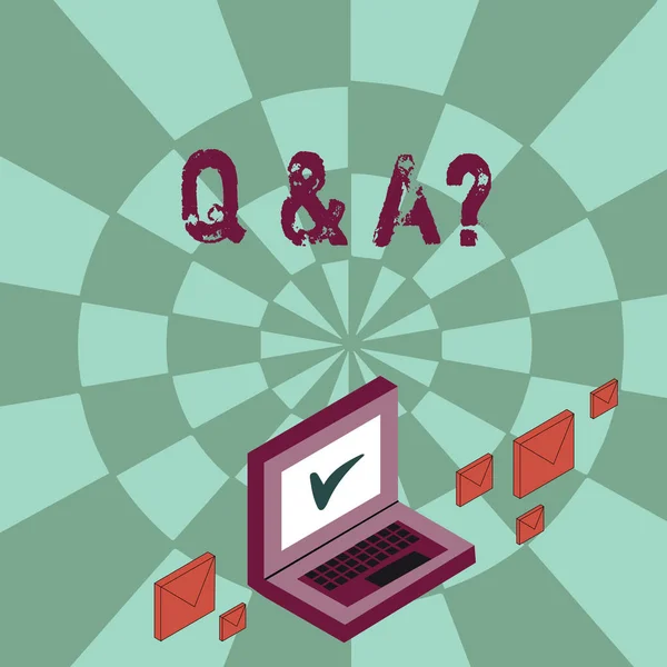 Writing note showing Q And A Question. Business photo showcasing in which demonstrating asks questions and another one answers them Mail Envelopes around Laptop with Check Mark icon on Monitor.