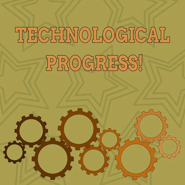 Writing note showing Technological Progress. Business photo showcasing an economic measure of innovation and growth Colorful Cog Wheel Gear Engaging, Interlocking and Tesselating. — Stock Photo, Image