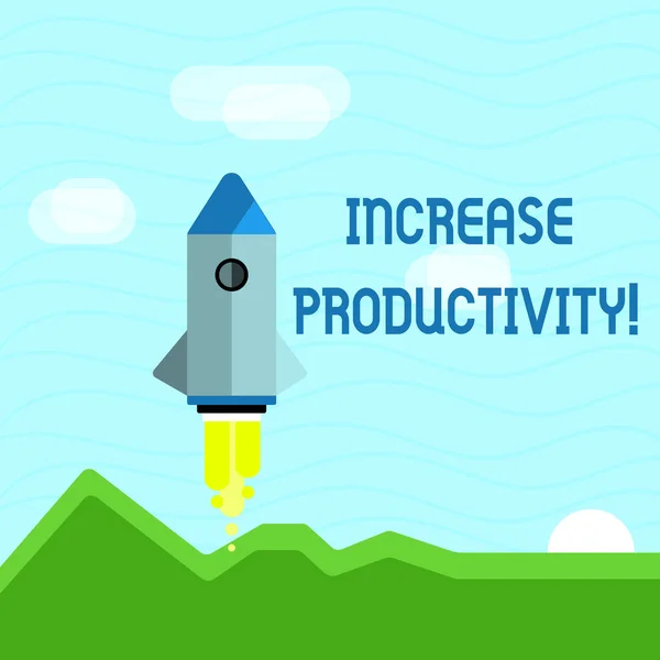 Text tecken som visar öka produktiviteten. Konceptuell bild förbättra effektiviteten i produktions processer färgglada rymd farkoster Shuttle rocketShip lansering för nya företag Startup. — Stockfoto
