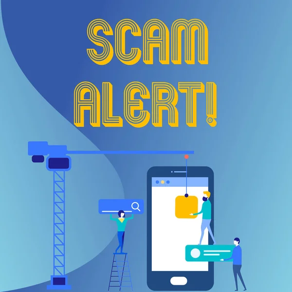 Tekst pisma ręcznego Scam Alert. Pojęcie rozumieniu nieuczciwie uzyskać pieniądze od ofiary, przekonując go personel pracujący razem dla wspólnego celu cel z SEO ikony procesu. — Zdjęcie stockowe