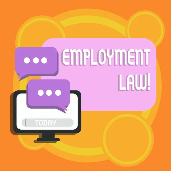 Writing note showing Employment Law. Business photo showcasing encompassing all areas of employer employee relationship Monitor and Two Speech Balloon with Three Dots for Chat Icon. — Φωτογραφία Αρχείου