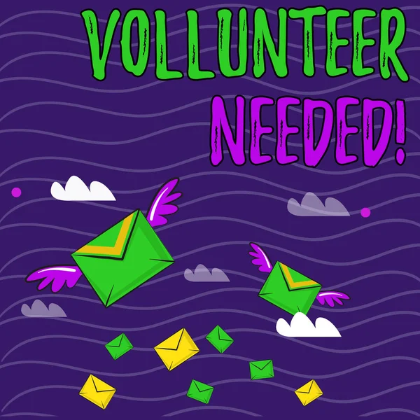 Text sign showing Volunteer Needed. Conceptual photo need work for organization without being paid Many Colorful Airmail Flying Letter Envelopes and Two of Them with Wings. — ストック写真