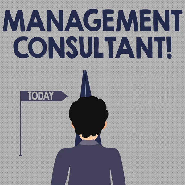Writing note showing Management Consultant. Business photo showcasing gives professional advice about how to run a company Man Facing Distance and Blocking the View of Straight Narrow Path. — Stock Photo, Image