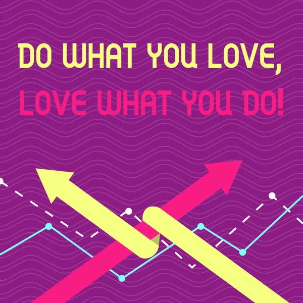 Text sign showing Do What You Love Love What You Do. Conceptual photo you able doing stuff you enjoy it to work in better places then Two Arrows where One is Intertwined to the other as Team Up or — Stock Photo, Image