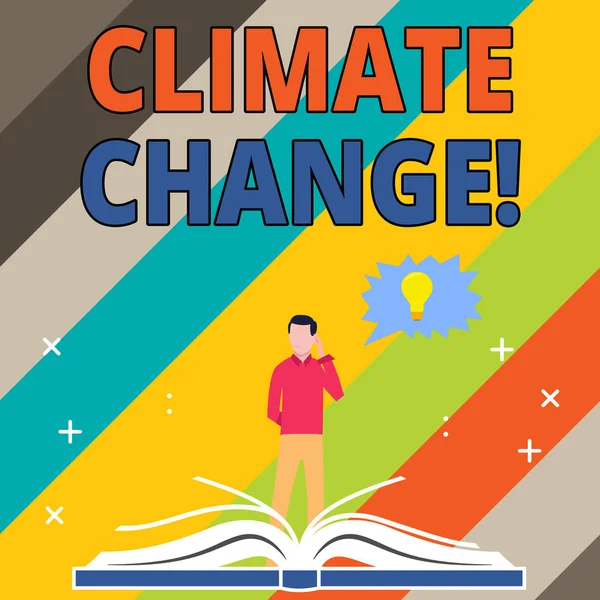 Word writing text Climate Change. Business concept for difference in global or regional climate very quickly Man Standing Behind Open Book, Hand on Head, Jagged Speech Bubble with Bulb. — Stock Photo, Image