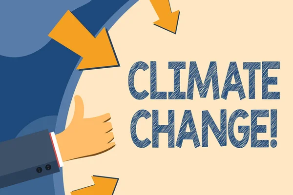 Text sign showing Climate Change. Conceptual photo difference in global or regional climate very quickly Hand Gesturing Thumbs Up and Holding on Blank Space Round Shape with Arrows. — Stock Photo, Image