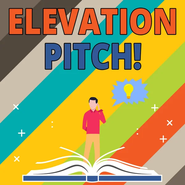 Woord schrijven tekst Elevator Pitch. Business concept voor korte beschrijving van het product Business Idea gegeven aan Investor man staande achter open boek, hand op het hoofd, gekartelde spraak zeepbel met bol. — Stockfoto