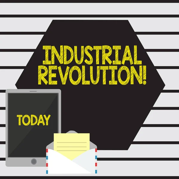Textschreiben Industrielle Revolution. Geschäftskonzept für die Zeit, in der die Arbeit von Maschinen mehr getan offenen Umschlag mit Papier und leerem Tablet-Bildschirm auf bunten leeren Raum. — Stockfoto