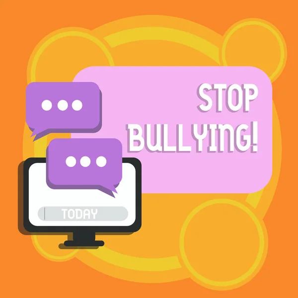 Escrevendo um bilhete mostrando Stop Bullying. Foto de negócios mostrando nenhum comportamento agressivo entre as crianças monitor de desequilíbrio de poder e dois balões de fala com três pontos para ícone de bate-papo . — Fotografia de Stock