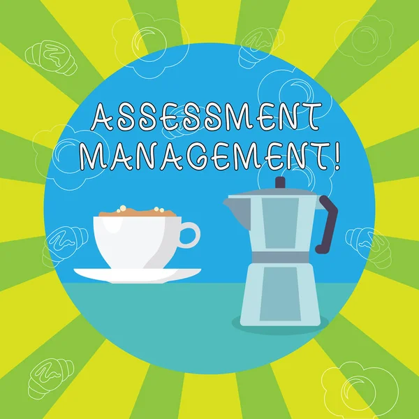 Handwriting text writing Assessment Management. Concept meaning analysisagement of investments on behalf of others White Cup of Frothy Beverage and Kettle with Drawings of Croissant and Egg. — Stock Photo, Image