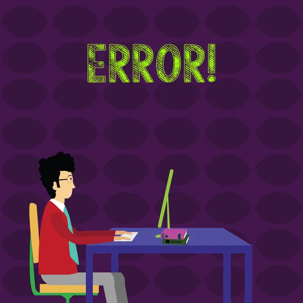 Word writing text Error. Business concept for state or condition of being wrong in conduct judgement or program Businessman Sitting Straight on Chair Working on Computer and Books on Table. — Stock Photo, Image