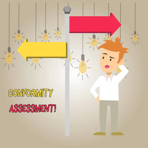 Word writing text Conformity Assessment. Business concept for Evaluation verification and assurance of conforanalysisce Man Confused with the Road Sign Arrow Pointing to Opposite Side Direction. — Stock Photo, Image