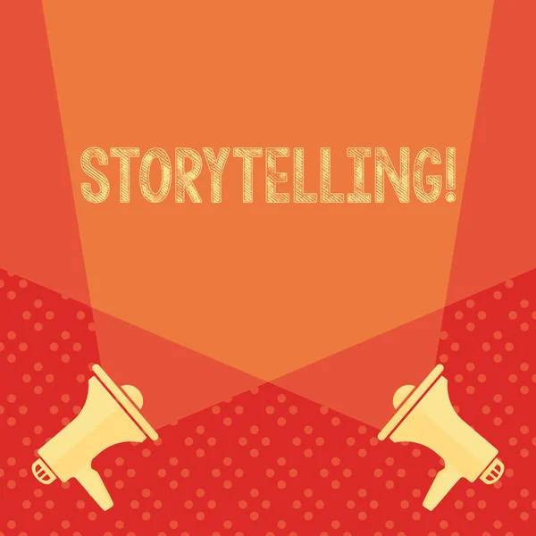 Word pisanie tekstu Storytelling. Koncepcja biznesowa dla działań pisania historie do publikowania ich na publiczne puste Double Spotlight crisscrossing w górę od dwóch Megaphones na podłodze. — Zdjęcie stockowe