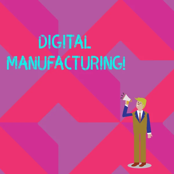 Text sign showing Digital Manufacturing. Conceptual photo integrated approach to analysisufacturing processes Businessman Looking Up, Holding and Talking on Megaphone with Volume Icon.