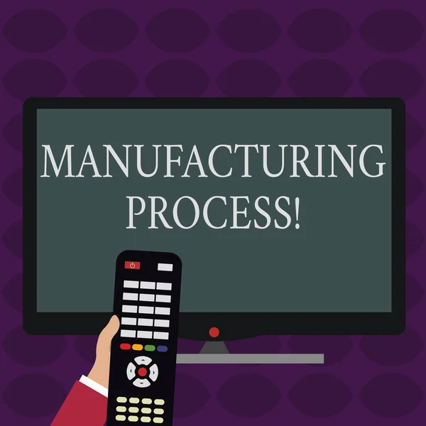 Handwriting text writing Manufacturing Process. Concept meaning steps which raw materials changed into a final product Hand Holding Computer Remote Control infront of Blank Wide Color PC Screen. — Stock Photo, Image