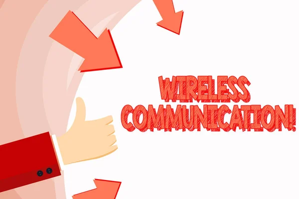 Handwriting text Wireless Communication. Concept meaning Communicating between devices using a wireless signal Hand Gesturing Thumbs Up and Holding on Blank Space Round Shape with Arrows. — Stock Photo, Image