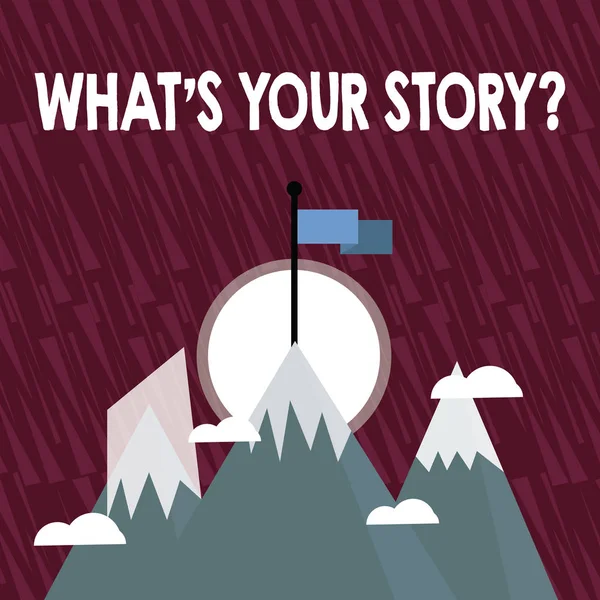 Handwriting text What S Your Story Question. Concept meaning asking demonstrating about his past life actions events Three High Mountains with Snow and One has Blank Colorful Flag at the Peak. — Stock Photo, Image