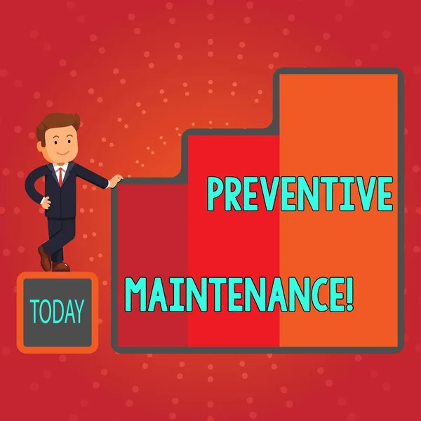 Writing note showing Preventive Maintenance. Business photo showcasing Routine maintenance to help keep equipment up Businessman Presenting Growth and Success in Graph Columns.