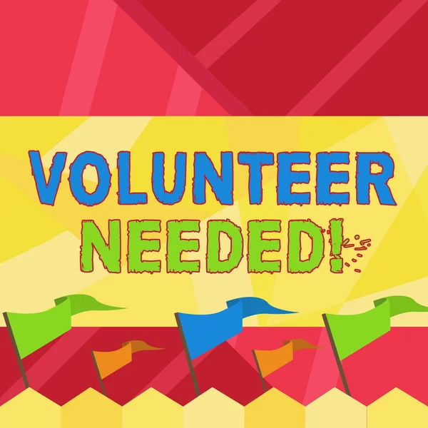 Word writing text Volunteer Needed. Business concept for need work for organization without being paid Blank Solid Colorful Pennant Streamer Flag on Stick Mounted on Picket Fence.