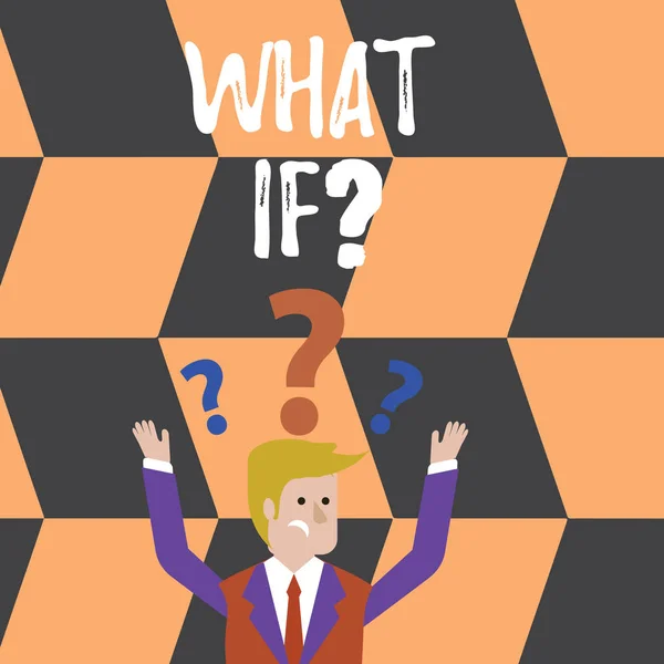 Word writing text What If Question. Business concept for when you are asking about condition or supposition Confused Businessman Raising Both Arms with Question Marks Above his Head. — Stock Photo, Image