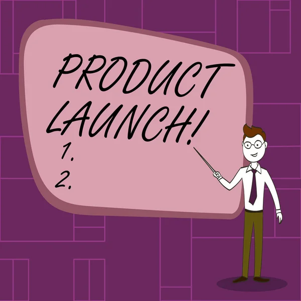 Text sign showing Product Launch. Conceptual photo when company decides to release new product in market Confident Man in Tie, Eyeglasses and Stick Pointing to Blank Colorful Board.