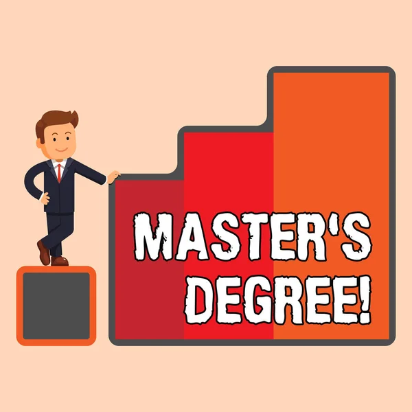 Handwriting text Master S Degree. Concept meaning academic degree awarded by universities upon high school Happy Businessman Presenting Growth and Success in Rising Bar Graph Columns.