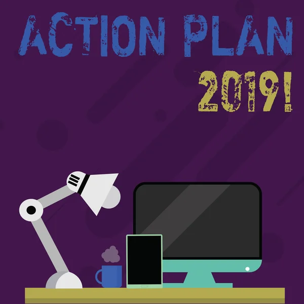 Word writing text action plan 2019. business concept for proposed strategy or course of actions for current year arrangement of workspace for nightshift worker with computer, tablet and lamp. — Stockfoto