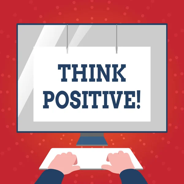 Escrever uma nota mostrando Think Positive. Foto de negócios mostrando atitude mental em que você espera bons e favoráveis resultados Mãos no teclado frontal monitor branco com protetor de tela . — Fotografia de Stock