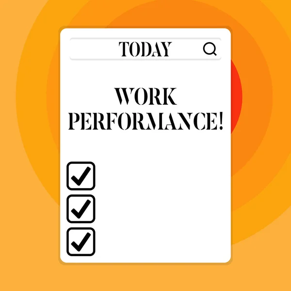 Text sign showing Work Perforanalysisce. Conceptual photo Find the content of a job in terms of events involved Search Bar with Magnifying Glass Icon photo on Blank Vertical White Screen.