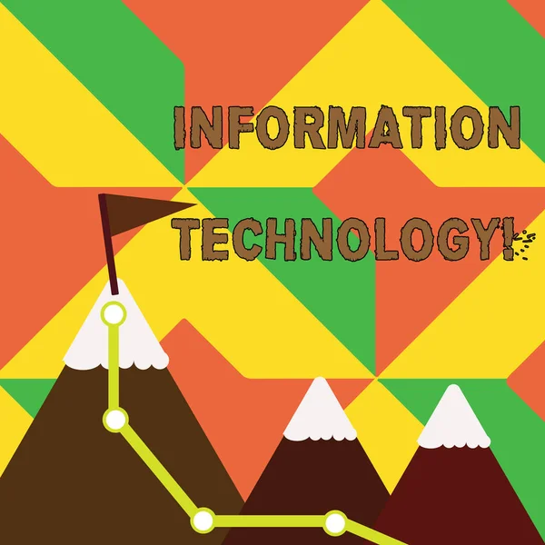 Word írás szöveges információs technológia. Üzleti koncepció a tudomány és a tevékenység számítógépes rendszerek három-hegység túraútvonal és a fehér havas tetejét a zászló egy csúcs. — Stock Fotó