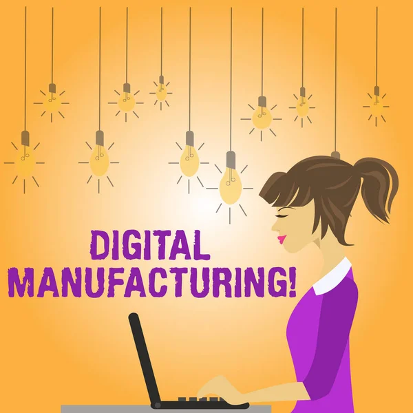 Writing note showing Digital Manufacturing. Business photo showcasing integrated approach to analysisufacturing processes photo of Young Busy Woman Sitting Side View and Working on her Laptop.