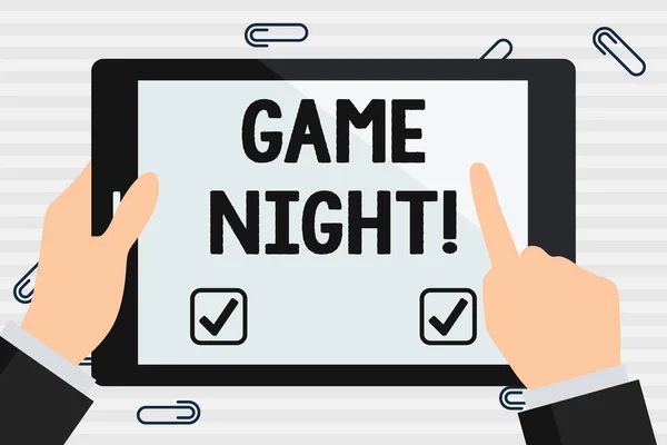 Handwriting text Game Night. Concept meaning usually its called on adult play dates like poker with friends Hand Holding Pointing Touching Blank Rectangular Color Tablet White Screen. — Stock Photo, Image