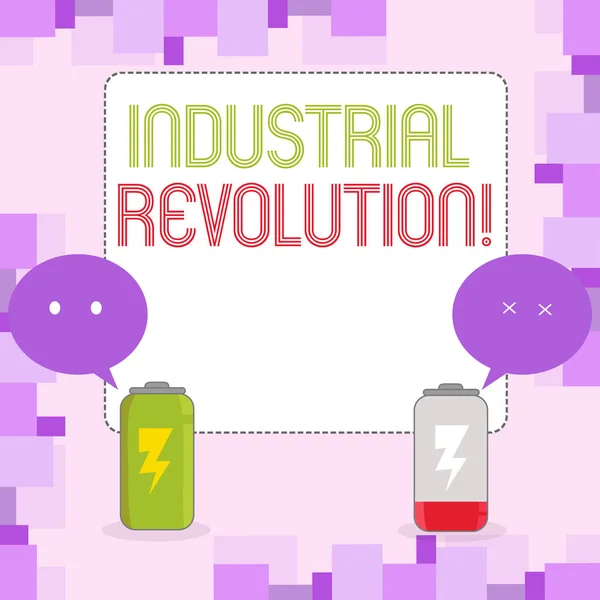 Conceptual hand writing showing Industrial Revolution. Business photo text time during which work done more by machines Fully Charge and Discharge Battery with Emoji Speech Bubble. — Stock Photo, Image