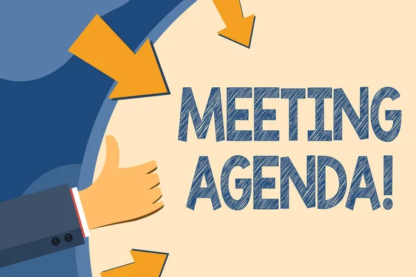 Text sign showing Meeting Agenda. Conceptual photo list items that participants hope to accomplish at meetings Hand Gesturing Thumbs Up and Holding on Blank Space Round Shape with Arrows.