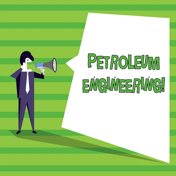 Texte écrit Petroleum Engineering. Concept d'entreprise pour les activités liées à la production d'hydrocarbures Homme d'affaires criant sur le mégaphone et blanc blanc blanc forme inégale bulle de parole . — Photo