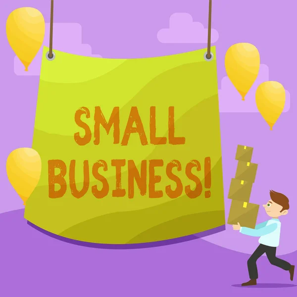 Pisanie pisma ręcznego Small Business. Koncepcja rozumieniu niezależnie własnością i obsługiwana firma ograniczona wielkością Man prowadzenie stos skrzynek z pustą plandeka w centrum i balony. — Zdjęcie stockowe