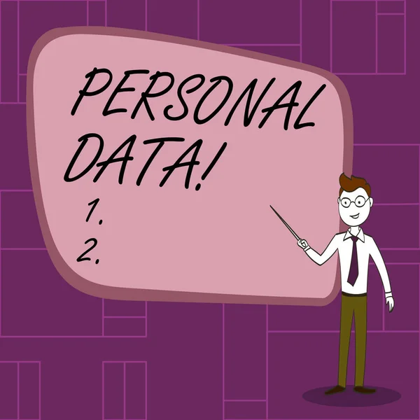 Text sign showing Personal Data. Conceptual photo information that relates to identified or identifiable Confident Man in Tie, Eyeglasses and Stick Pointing to Blank Colorful Board.