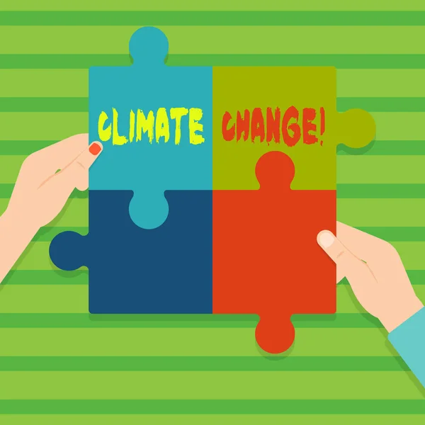 Conceptual hand writing showing Climate Change. Business photo text difference in global or regional climate very quickly Multi Color Jigsaw Puzzle Pieces Put Together by Human Hands. — Stock Photo, Image