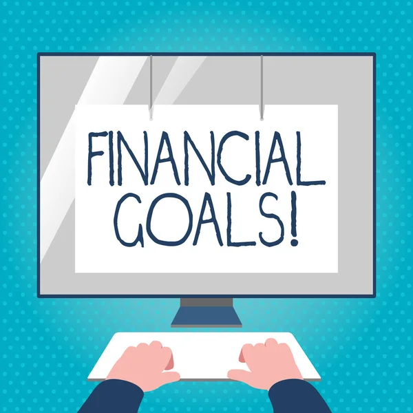 Text sign showing Financial Goals. Conceptual photo targets usually driven by specific future financial needs Hands on Mockup Keyboard Front of Blank White Monitor with Screen Protector.