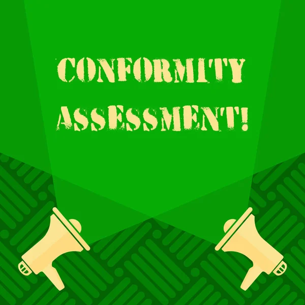 Text sign showing Conformity Assessment. Conceptual photo Evaluation verification and assurance of conforanalysisce Blank Double Spotlight Crisscrossing Upward from Two Megaphones on the Floor.