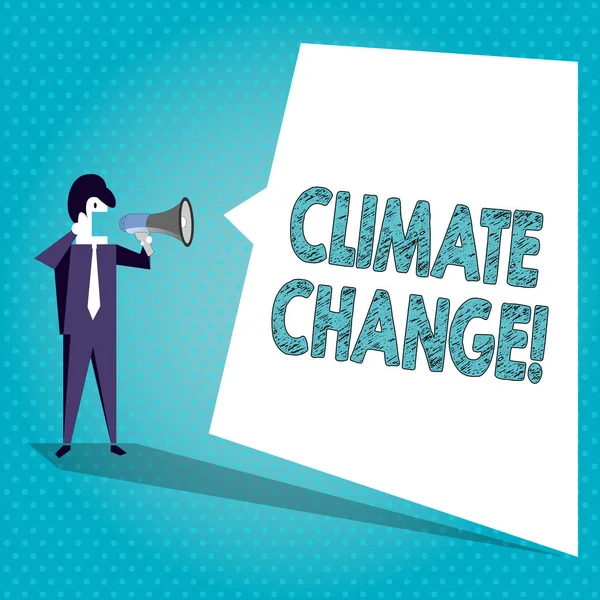 Text sign showing Climate Change. Conceptual photo difference in global or regional climate very quickly Businessman Shouting on Megaphone and Blank White Uneven Shape Speech Bubble. — Stock Photo, Image